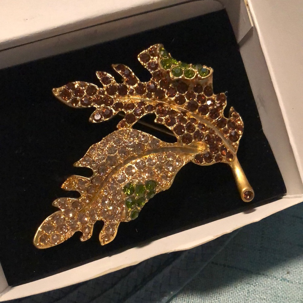 Kenneth Jay Lane Signed Bejeweled Leaf Pin